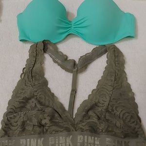 Victoria secret strapless swim and pink bralete.